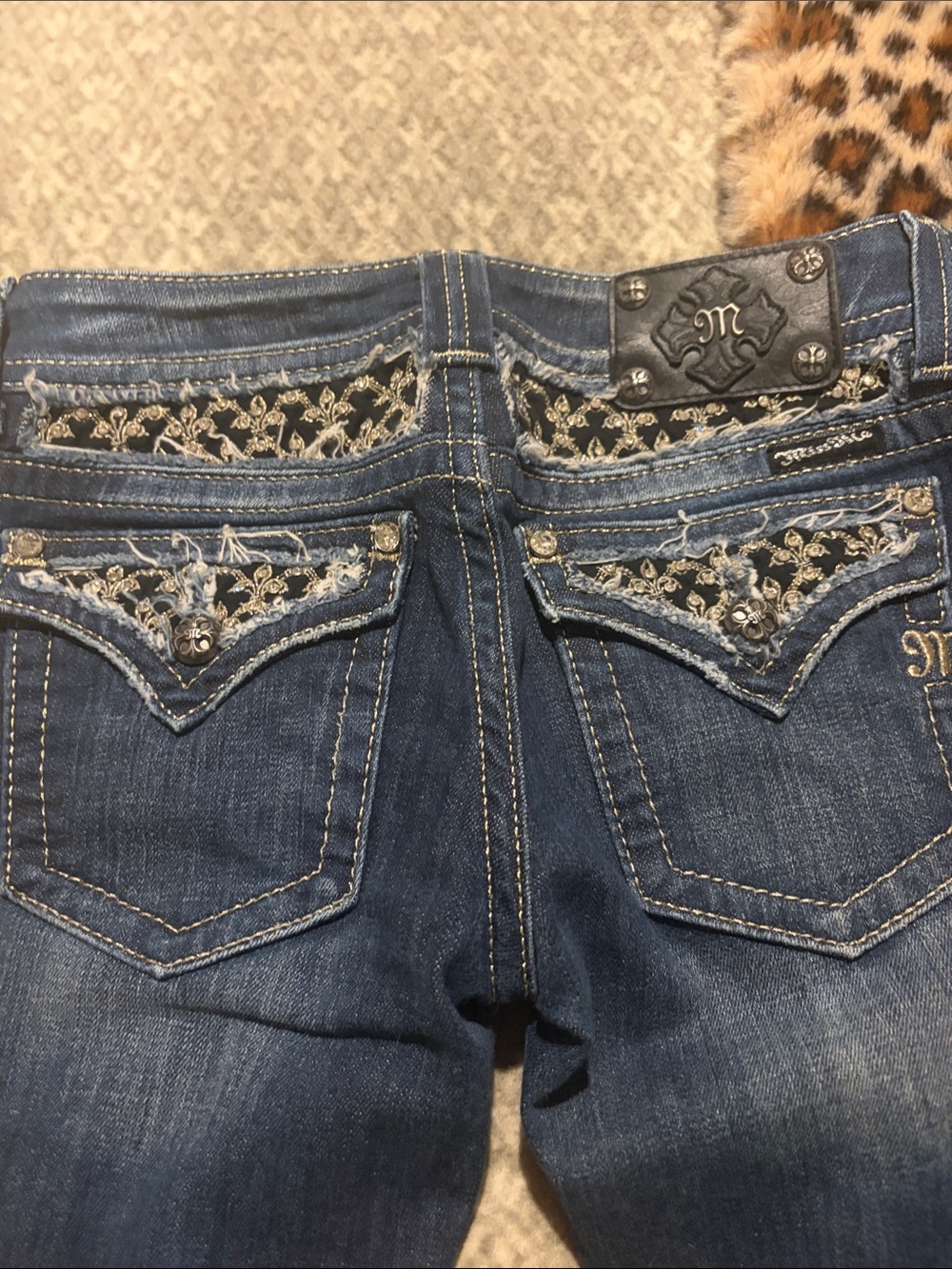 Miss Me Dark Blue Boot Cut Jeans with black Embroidered Rhinestone Pockets